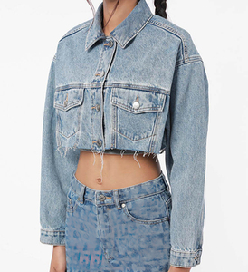 OEM personalizado Primavera al por mayor casual prendas de vestir lavado ácido abotonado de manga larga de gran tamaño de las mujeres Chaqueta corta de mezclilla media chaqueta - Product Image 5