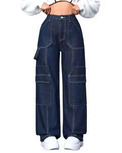 Pantalones Vaqueros Cargo de Pierna Ancha Color Índigo Oscuro para Mujer, Cintura Alta, Bolsillos Utilitarios, Costuras en Contraste, Ropa Urbana, Suministro del Fabricante, OEM - Product Image 1