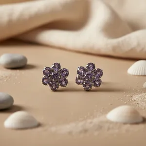 Women's Amethyst Stud Earrings Flower Shape Silver Plated Alloy Classic Party Jewelry - Product Image 3