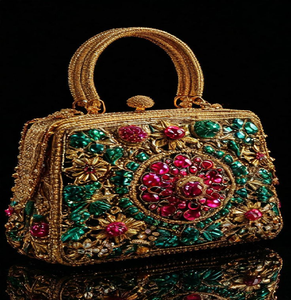 Intricate beaded <b>bag</b> with <b>large</b> 3D flowers and a central ruby gemstone. Fine available at wholesale prices - Product Image 2