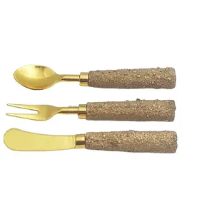Brown Graver Stone Handle With Golden plated stainless Steel Cutlery Spoon Fork & Knife set of 3 pcs flatware set cutlery set