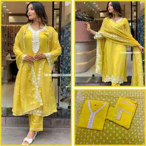 Nouvelle vente chaude femmes en relief saison de mariage jaune Designer coton Kurti pantalon Duppata prêt à porter fête porter prix de gros - Product Image 6