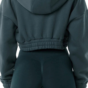 Sudadera con capucha corta térmica clásica de gran tamaño para mujer 55% algodón 45% Spandex estilo de hombro caído con capucha suéter de invierno Color océano - Product Image 6