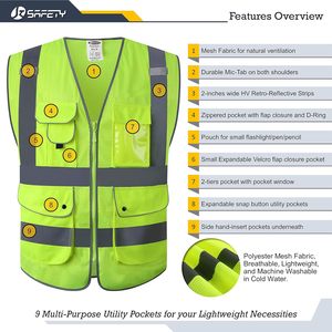Gilet de sécurité avant réversible à fermeture éclair haute visibilité 9 poches Classe 2 Sécurité HQ Mesh Lite Neon Color Body Retro-Reflective Outer Wear - Product Image 3