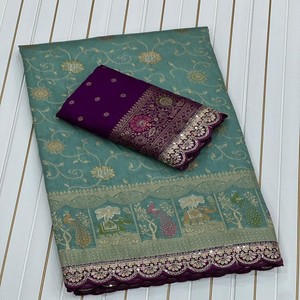 Sari en soie Dola de qualité supérieure VASTRA COTTAGE avec broderie Meenakari Zari, bordure à paillettes et chemisier contrasté - Product Image 1