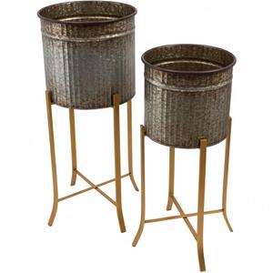 Ensemble de 2 jardinières rondes en métal argenté sur pieds dorés, style fermier, décoration de jardin intérieure et extérieure, vente en gros - Product Image 1