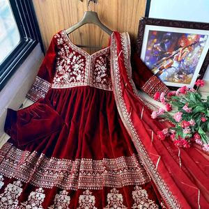 Indio hecho a mano Bollywood diseñadores tradicionales terciopelo secuencia bordado trabajo Anarkali mujeres vestido y Palazzo con Dupatta - Product Image 1