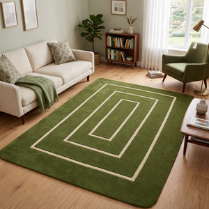 Hand <b>Tufted</b> Abstract Wool/Silk Rug-Modern Green Ivory Border Design-Living Room Bedroom Office-Soft Plush Pile Durable Anti-Slip - Product Image 2
