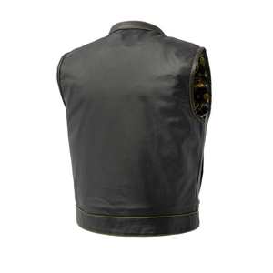 Custom Wholesale Men 2025 Leather <b>Vest</b> <b>Black</b> Yellow Leather Cowskin Biker <b>Vest</b> With Custom logo With Custom logo Printed - Product Image 6