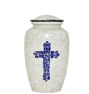 Urne funéraire faite à la main en aluminium blanc bleu croix pour cendres humaines grande urne funéraire de taille adulte appliquée à la main taille personnalisée individuelle - Product Image 1