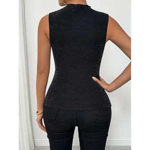 Blusa de tul sin mangas con cuello redondo y escote profundo en V con brillo para mujer, 36068 - Negro - Product Image 5
