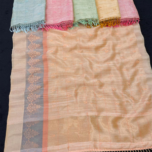 Magnifique sari abricot traditionnel doux et beau lin pour les événements spéciaux - Product Image 3