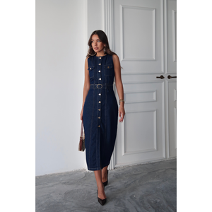 Vestido vaquero azul marino sin mangas para mujer con cinturón y cierre de botones frontales - Product Image 2