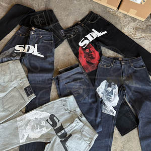 Pantalones de cintura alta ajustados con borlas hasta el tobillo microacampanados, pantalones vaqueros de nueva moda para hombres, diamantes de imitación estampados de industria pesada sublimados - Product Image 5