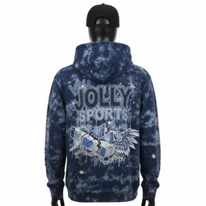 Sweat à capuche tie-dye pour homme de qualité supérieure, 320 GSM, tissu en molleton de coton doux, style délavé, nuances de bleu, logo personnalisé en strass, sweat à capuche basique - Product Image 3