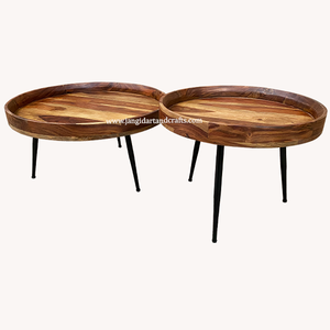 Ensemble de 2 tables basses rondes en bois massif, style mid-century moderne, meubles de salon, pieds en métal, Jangid Art & Crafts - Product Image 4