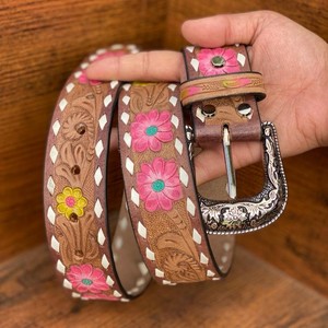 Nuevo hecho a mano de cuero genuino occidental mecanizado y pintado a mano cinturones casuales florales diseñador Real cuero mecanizado cinturones de cintura Unisex - Product Image 2