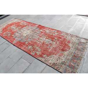 Turkish Vintage Rug, 3.8x10.7 ft <b>Runner</b> Rug, <b>Red</b> Check Rug - Product Image 2