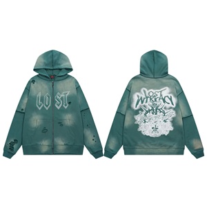 เสื้อมีฮู้ดแบบซิปผ่าไหล่น้ำหนักเบา400กรัมมีฮู้ดสไตล์วินเทจผ้าแอซิดกรดมีลายเรียงรายและมีโลโก้ด้านหน้า - Product Image 2