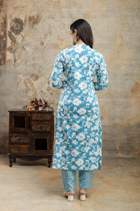 High Quality Hand Made Ethnic <b>2</b> <b>Pieces</b> Kurta <b>Set</b> For Women Wedding Casual Wear V-neck Long Sleeve Floral Print Gift For Her - Product Image 3