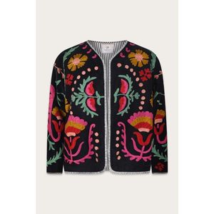 Chaqueta Bordada Negra con Bordado Azul-Rosa, Chaqueta Bomber Varsity con Capucha de Cuero PU Acolchado, Cuello de Béisbol, Talla 5XL para Primavera y Otoño - Product Image 1