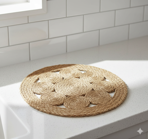 แผ่นรองจานทรงกลมขนาด 15 นิ้ว ทำจากปอกระเจาถักลายดอกไม้  แบบปรับแต่งได้ เป็นมิตรกับสิ่งแวดล้อม ป้องกันการลื่น สำหรับใช้ในบ้าน โรงแรม และงานเลี้ยง - Product Image 1