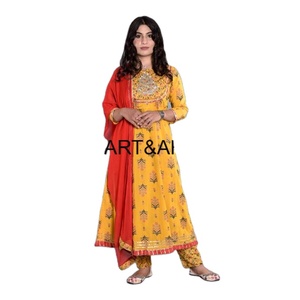 Conjunto de Kurti, Pantalón y Dupatta de Algodón Estilo Étnico Tradicional Indio para Mujer - Product Image 1