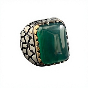 Anillo de Plata de Ley 925 para Hombre con Engaste de Bisel, Corte Cuadrado, Piedra Preciosa de Ágata Verde Natural, Estilo Bohemio, Hecho en Turquía, para Uso Diario - Product Image 1