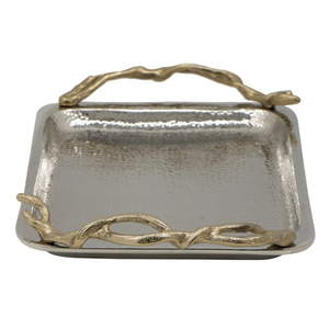Plateau de service rectangulaire en acier inoxydable de qualité supérieure avec poignées dorées, plateau de service alimentaire pour la maison et l'hôtel, en vente - Product Image 3