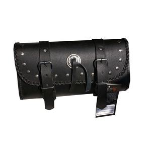 Bolsa de herramientas lateral de horquilla de motocicleta de cuero negro personalizable con componentes de aluminio para equipaje de viaje - Product Image 1