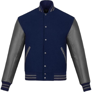 Men Premium navy Blue and Grey Varsity Jacket Authentic Letterman Bomber with Leather Look Contrast Sleeves - Product Image 1