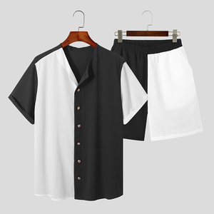 Conjuntos de Ropa Urbana para Hombre, Camiseta Holgada de Manga Corta con Cierre de Cordón, Pantalones Cortos Casuales 100% Algodón, Trajes de Color en Contraste - Product Image 6