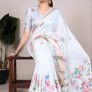 High Quality Tussar Silk Viscose Border Printed <b>Saree</b> Unstitched <b>Blouse</b> Piece Latest Traditional Design for Wedding & Party Wear - Product Image 1