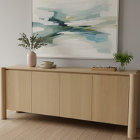 Buffet moderne en chêne massif beige clair avec pieds en colonne, 4 portes, meuble de cuisine, table de cuisine, mobilier d'intérieur résistant à l'eau