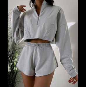Cotton Women Long <b>Sleeves</b> Running Tracksuit Sets Quarter Zipper Oversized <b>Sweatshirts</b> Hoodie <b>Short</b> Two Piece Tracksuits Set - Product Image 1