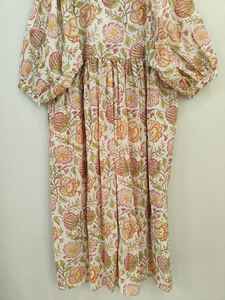 Robe de soirée décontractée bohème pour femmes en coton à imprimé floral fait main, longueur au sol, col en V, manches longues, été - Product Image 4