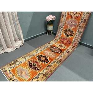 Turkish <b>Rug</b>, 2.7x12.2 ft <b>Runner</b> Vintage <b>Rug</b>, Herki Orange Brown Solid <b>Rug</b> - Product Image 2