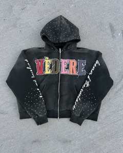 Vente en gros, sweat à capuche personnalisé pour hommes, délavé à l'acide, fermeture éclair avec broderie en strass, streetwear vintage, hiver 100% coton à capuche - Product Image 1