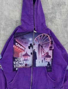 Pull-over à capuche avec fermeture à glissière personnalisée avec broderie complète Streetwear de créateur Veste à badge Boxy délavée au soleil délavé à l'acide - Product Image 4
