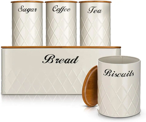 ชุดกล่องเก็บอาหารในห้องครัว,ชุดกระป๋องน้ำตาลกาแฟและชากล่องใส่ขนมปังบิสกิตคลาสสิกสไตล์วินเทจจำนวน5ชิ้น - Product Image 5