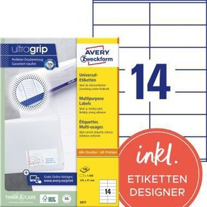Etiquetas de Papel Blanco Avery Zweckform Ultragrip 105 x 41 mm, No Removibles, Universales, Paquete de 1,400 - Product Image 1