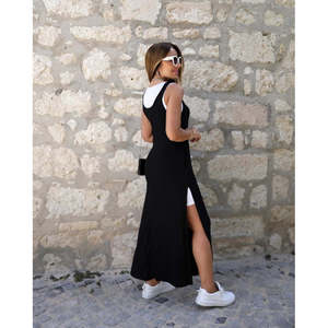 Ensemble robe et débardeur en viscose à bretelles et col rond pour femme avec poches et détail fendu, 36850 - Noir - Product Image 4