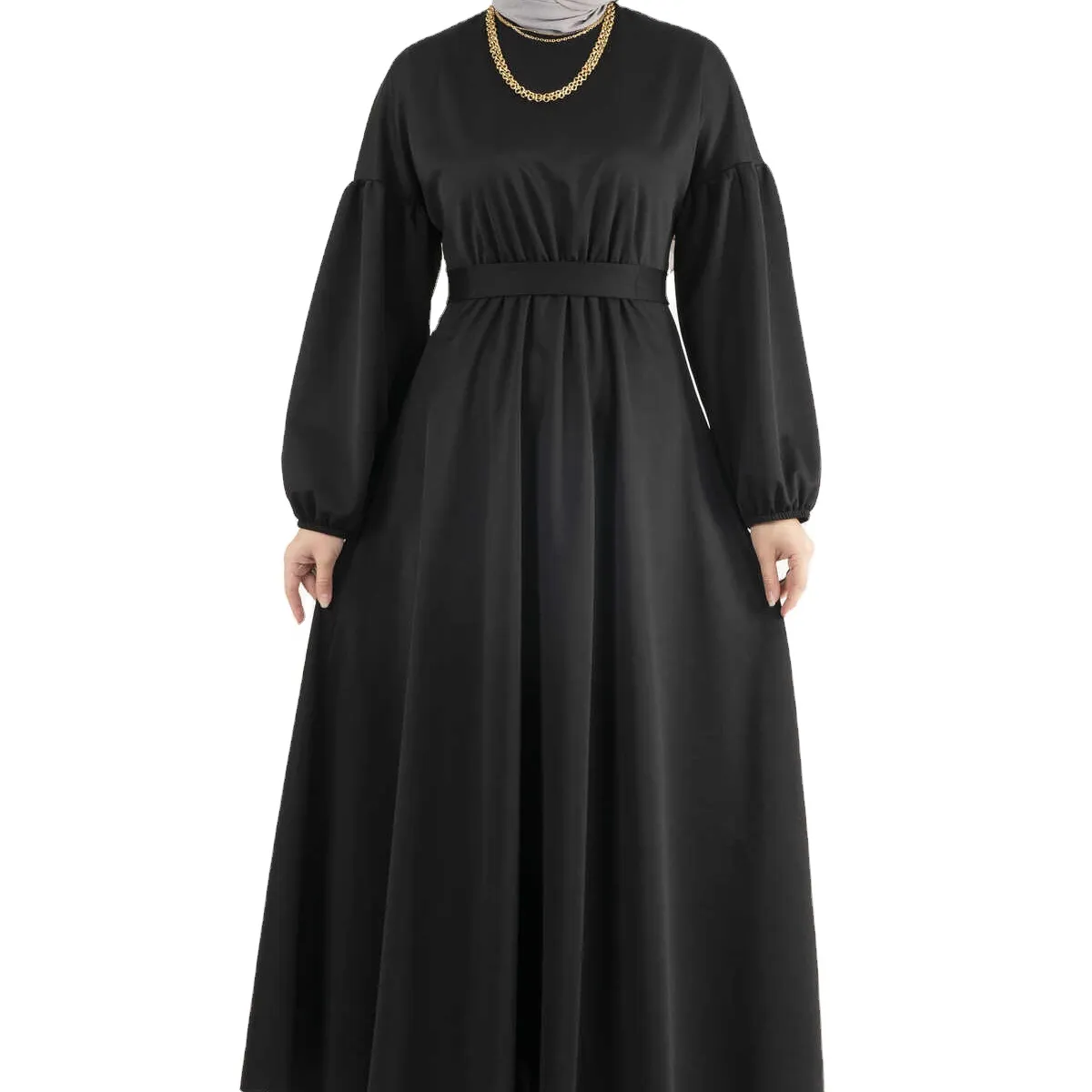 겸손한 아바야 현대 인과 터키 스타일 아바야 가슴 도금 여성 무슬림 원피스 아바야 이슬람 겸손한 벨트 허리 맞춤형 디자인