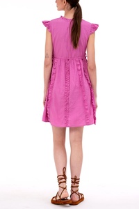 Robe courte rose sans manches à col en V et volants, style décontracté d'été en coton et fibre de bambou pour femme - Product Image 2