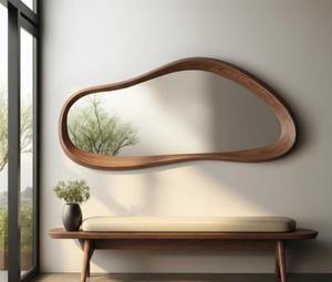 Miroir mural en bois de noyer Art Déco fait main de qualité supérieure, cadre en bois irrégulier asymétrique pour entrée - Product Image 2