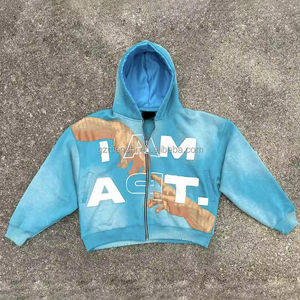 Customisable 400gsm Zipup Men's <b>Hoodie</b> Sweatshirt Cropped Boxy Distressed Acid Wash Satin <b>Lined</b> <b>Hoodie</b> with Screen Print - Product Image 3