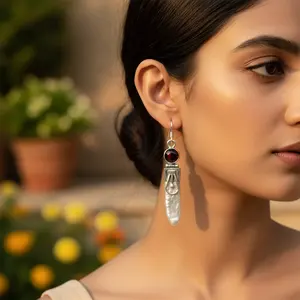 "Statement Pearl Garnet <b>Drop</b> <b>Earrings</b> for Women" - Product Image 3