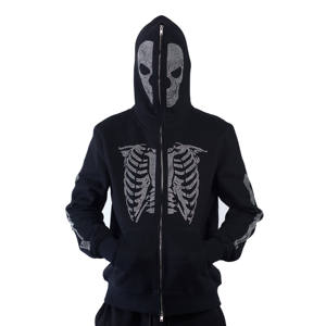 Custom Own Logo Hoodies Full Face Zip Up Rhinestone Skeleton Over Size Winter Fashion Wear Hoody con logotipo personalizado impreso - Product Image 1