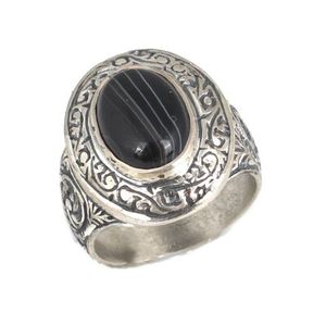 Men's 925 Sterling <b>Silver</b> Geometric Cut Onyx Stone <b>Pen</b>-Style Ring-Inlay Bezel Setting Natural Stone Everyday Wear - Product Image 1