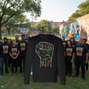 T-Shirt a Maniche Lunghe con Design Pugno Potente Ispirato alla Storia dei Neri Americani, Abbigliamento Promozionale - Product Image 3